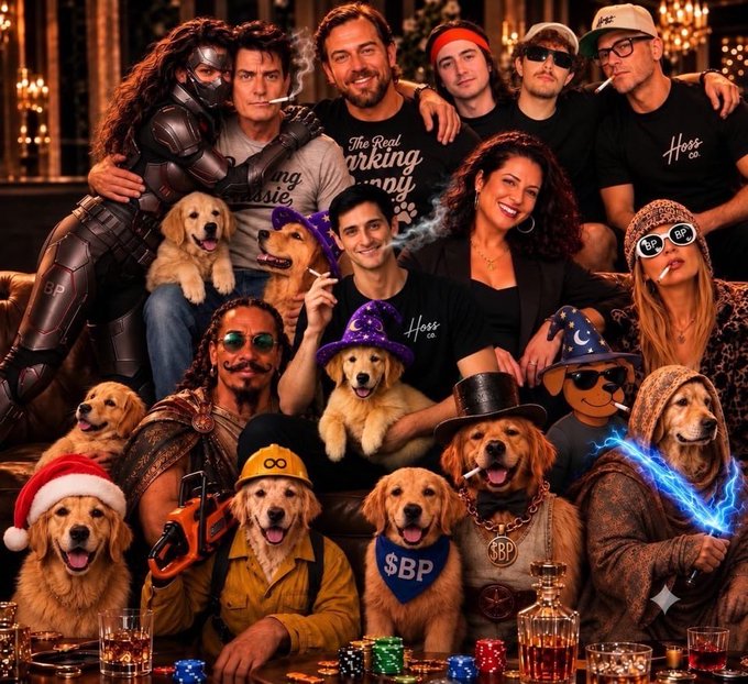 A large group of people and golden retrievers pose together in a casino-like setting, wearing various outfits including hats, sunglasses, and costumes, with poker chips and drinks on the table.