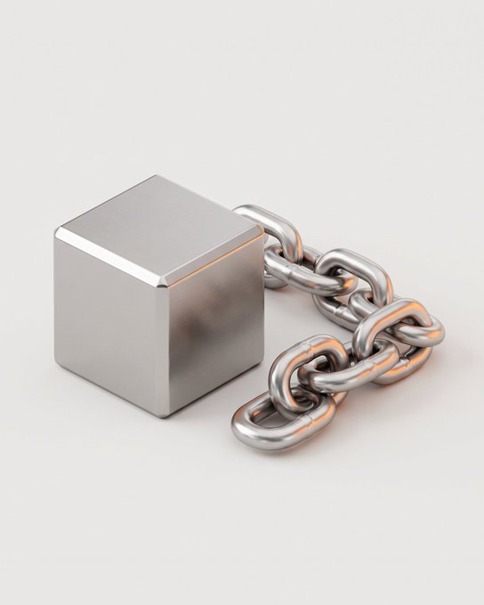 A silver metallic cube sits beside an interconnected chain of rounded links, evoking a primitive or foundational stage of blockchain technology—symbolizing the basic "block" and "chain" concept that existed conceptually before Bitcoin's 2008 whitepaper and Satoshi Nakamoto's innovation.