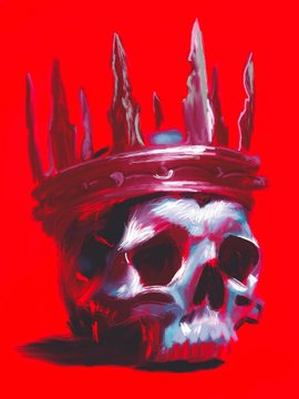 A digital painting of a skull wearing a spiked, jagged crown against a bright red background.