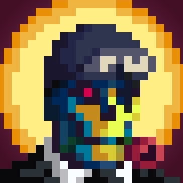 A low-resolution pixel art portrait of a character with an afro and sunglasses, framed by a golden, pixelated halo-like glow against a dark background.