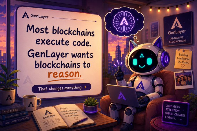 The image features a robot sitting in front of a laptop, with a book next to it. The text above the robot reads "Most blockchains execute code. @GenLayer wants blockchains to reason." This suggests that GenLayer is interested in using blockchain technology and wants to use it for their purposes.