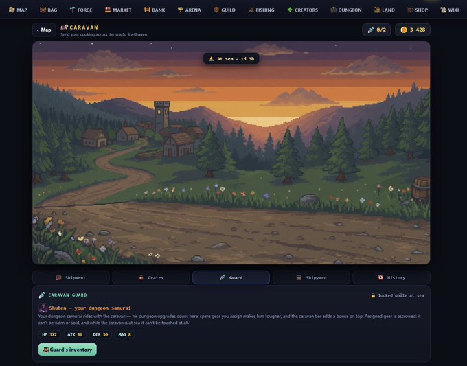 A video game interface showing a 'CARAVAN GUARD' screen with a pixel-art landscape of a village at sunset and tutorial text about 'Shuten - your dungeon samurai'.