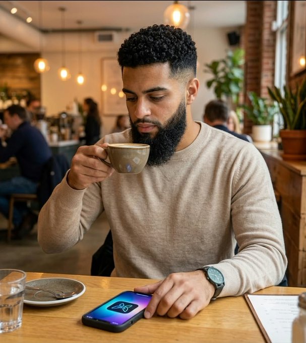 A bearded man with curly hair sits in a cafe, drinking from a ceramic mug while looking down at his phone, which displays the time 9:41.