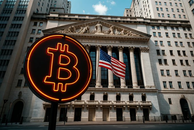 The New York Stock Exchange building with an American flag, overlaid with a glowing neon orange Bitcoin symbol sign.