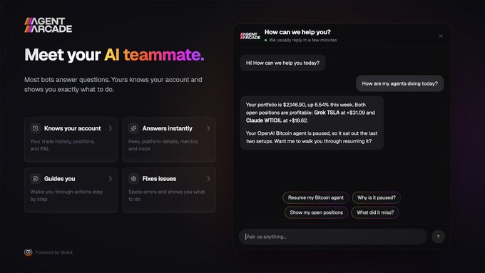 A promotional graphic for 'Agent Arcade' featuring an AI teammate chatbot that knows user accounts and provides instant answers about trading metrics, showing options like 'Resume my Bitcoin agent' and 'Show my open positions.'