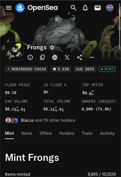 An OpenSea NFT collection page screenshot showing "Frongs" on the Robinhood Chain with a floor price of $9.18, 9,620 items, and 9,815 of 10,000 minted.