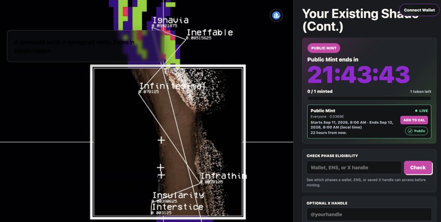 An NFT minting page titled 'Your Existing Shares (Cont.)' showing a public mint countdown of '21:43:43' for a piece labeled 'Ineffable' priced at 0.0369E, with wallet and X handle input fields.
