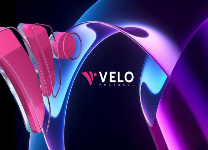 The image features the "VELO PROTOCOL" logo centered against a dynamic, abstract background with flowing ribbons of pink, purple, and blue light. The post promotes following the Korean Velo Protocol account for updates on the $VELO token, with the logo serving as a branded visual anchor.