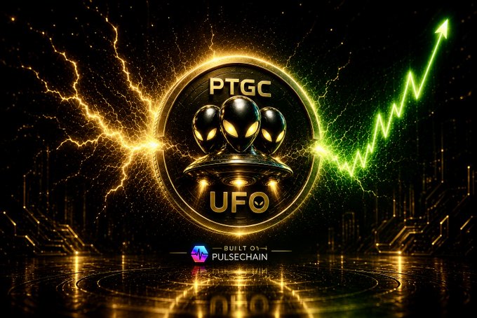 A promotional graphic for PTGC UFO token built on PulseChain, featuring three alien figures around a UFO with golden lightning and a green upward trending arrow.