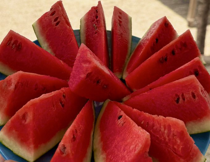 A blue plate is filled with multiple triangular slices of fresh red watermelon arranged in a circular pattern.