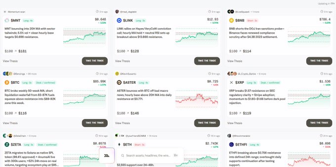 The image shows the First Take dashboard from Midas, a crypto and stock trading platform, featuring AI-generated trade suggestions across 9 different assets including $MNT, $LINK, $BNB, $BTC, $ASTER, $XRP, $ZETA, $ETH, and $SETH, with recommended long/short positions, prices, and percentage changes that align with the post's highlights of trades like META and INTC longs, AMD short, BTC +5%, and NVDA long.