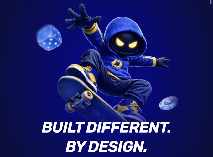A hooded, glowing-eyed mascot rides a skateboard amid floating dice and a casino chip against a blue background, with the tagline "BUILT DIFFERENT. BY DESIGN."—visually echoing the post's theme of @rolly_onchain launching a verifiable, zero-knowledge-proof dice/gaming platform where every spin and roll is provably fair onchain.