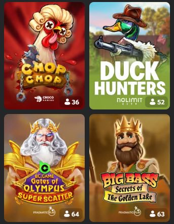 The image features four different slot machine game covers with unique themes and characters. The first cover depicts a chicken chopping another chicken with a gun, while the second cover shows a duck hunting other ducks. The third cover features a man dressed as a king wearing a crown, and the fourth cover showcases a man in a suit holding a sword. Each of these slot machine game covers has its own unique theme and characters, making them stand out from one another.