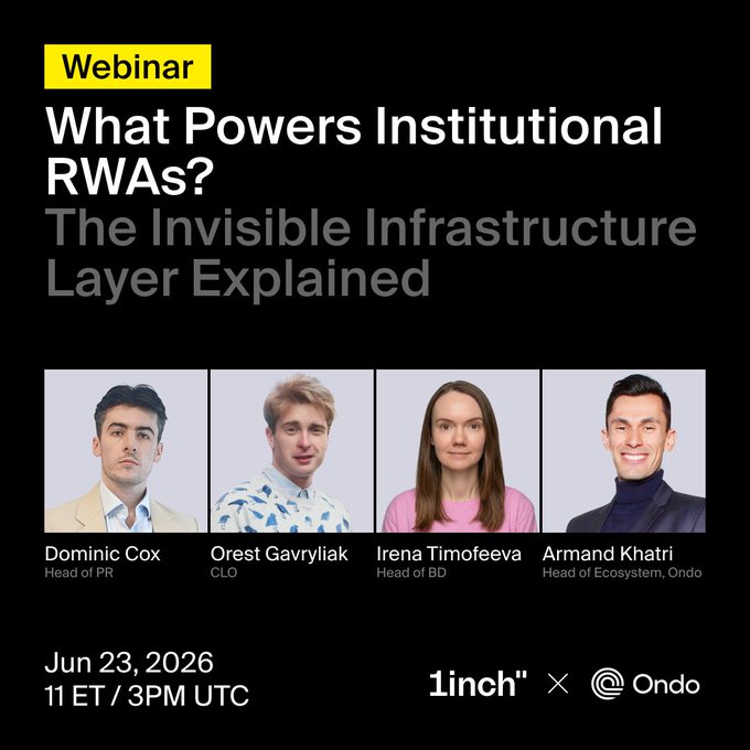 The image features four men and one woman standing side by side against a black background with white text. The text reads "What Powers Institutional RWA? The Invisible Infrastructure Layer Explained".