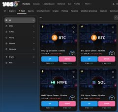 A screenshot of the yess Markets platform interface displaying prediction markets for BTC up/down and HYPE/SOL token price movements.