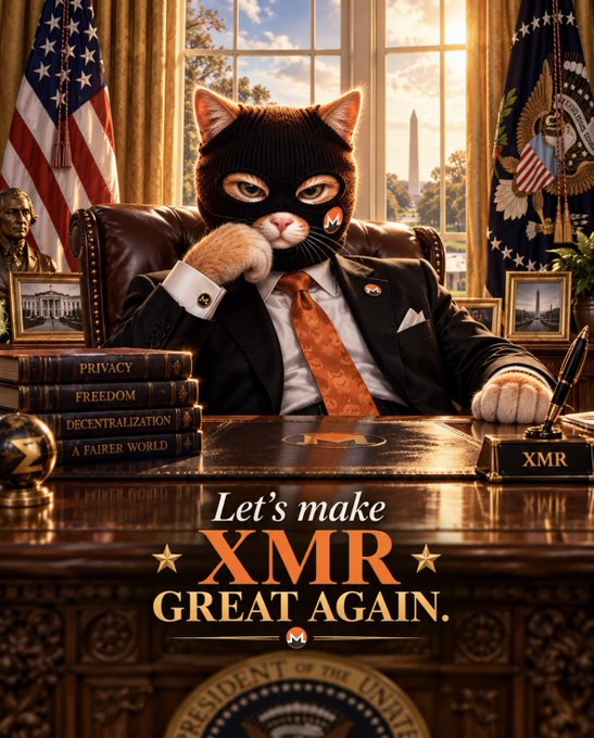 A political-style promotional image shows an orange and white cat wearing a black balaclava and suit, sitting at a presidential desk with text reading "Let's make XMR GREAT AGAIN."