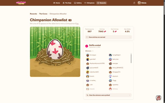 A webpage for a 'Chimpanion Allowlist' raffle by City3D, showing an egg illustration with pink bows, 867 participants, and a list of winners.
