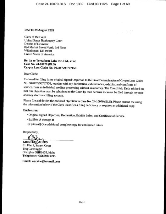 The image shows the cover letter (page 1 of 69) of an Objection filed by retail creditor Kristina Magus in Case No. 24-10070 (BLS) against Terraform Labs' Final Determination of Crypto Loss Claim No. 007867295767153, addressing the Court Help Desk about filing via mail due to electronic filing issues. This directly supports the post's claim of a retail creditor challenging a zeroed-out $LUNC claim in Docket 1332 of the Terra/LUNA bankruptcy proceedings.