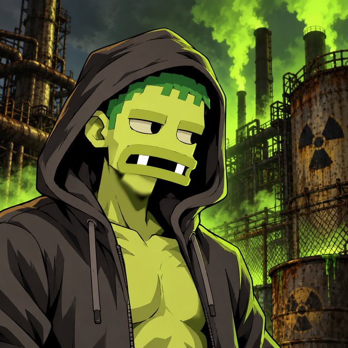 A cartoon illustration of a green-skinned Frankenstein-like character wearing a dark hooded jacket, standing in front of an industrial setting with rusty smokestacks emitting green toxic smoke and radiation warning symbols.