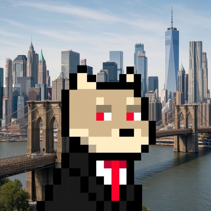 A pixel-art character wearing a black suit and red tie is superimposed over a photograph of the New York City skyline and the Brooklyn Bridge.
