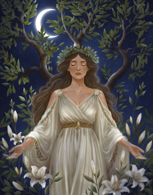A digital illustration of a woman in a flowing white gown with a laurel crown, eyes closed and arms outstretched, standing beneath a crescent moon and tree with white lilies in the foreground.
