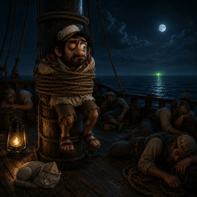 A digital illustration of a sailor tied to a ship's mast at night, looking toward a glowing green light on the horizon, with sleeping crew members and a lantern nearby.