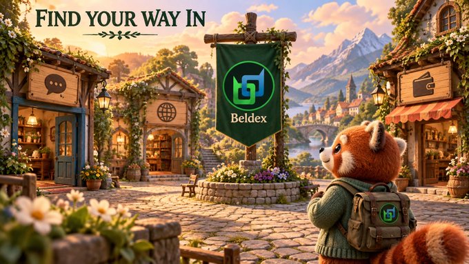 A fantasy-style promotional image with the text 'FIND YOUR WAY IN' and a 'Beldex' banner, showing an adorable red panda character with a backpack looking toward a charming village.