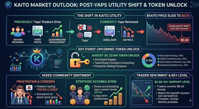Infographic titled 'KAITO MARKET OUTLOOK: POST-YAPS UTILITY SHIFT & TOKEN UNLOCK' showing price slides to $0.50, August 32.6M token unlock, and mixed community sentiment.