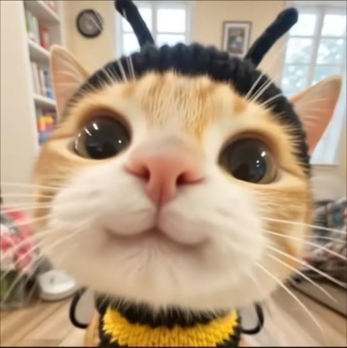 A close-up, low-angle shot of a cat with wide eyes wearing a knitted bee costume with black antennae.