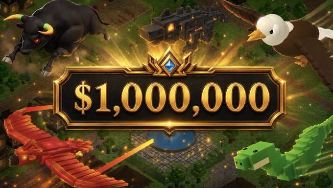 A fantasy game promotional graphic featuring a bull, eagle, phoenix, and dragon surrounding a $1,000,000 prize banner over a village setting.