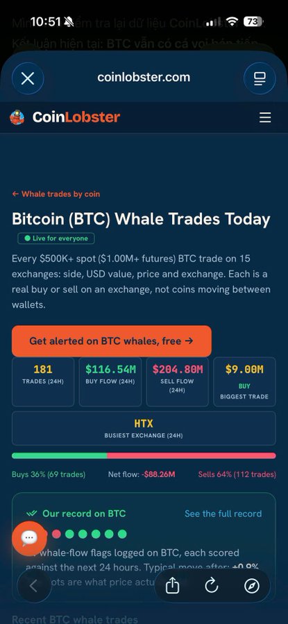 A screenshot of coinlobster.com showing 'Bitcoin (BTC) Whale Trades Today' with statistics including 181 trades, $116.54M buy flow, $204.80M sell flow, and $9.00M biggest trade on HTX exchange.