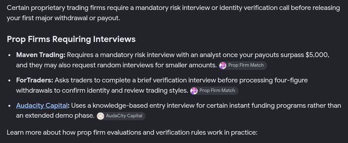 An informational text graphic about prop trading firm interview requirements, listing Maven Trading, ForTraders, and Audacity Capital with their respective policies.