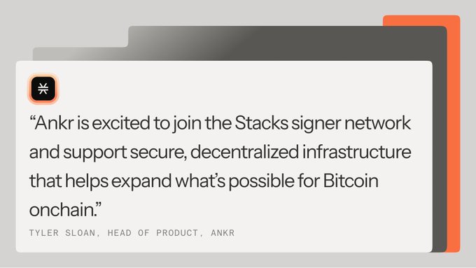 A quote card featuring Ankr's logo with a statement from Tyler Sloan, Head of Product at Ankr: "Ankr is excited to join the Stacks signer network and support secure, decentralized infrastructure that helps expand what's possible for Bitcoin onchain." The image complements the post's announcement about Ankr joining the Stacks sBTC signer set to help secure BTC movement between Bitcoin and its programmable layers.