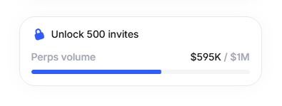 A user interface progress bar showing "Unlock 500 invites" with the current "Perps volume" at $595K out of a $1M goal.