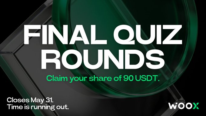 The image features a poster with a green glass ball at its center, surrounded by white text that reads "Final Quiz Rounds" and "Claim your share of 90 USDT!". The poster also includes an announcement for a contest called "WooX Community". The text on the poster suggests that there is a contest approaching where participants need to claim their share of 90 USDT.