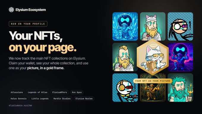 A promotional graphic for the Elysium Ecosystem titled 'Your NFTs, on your page,' showcasing a 3x3 grid of NFT character art with one piece highlighted in a gold frame, alongside collection names like Atlassians and Legends of Atlas.