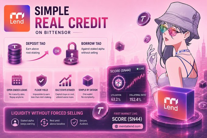 A promotional graphic for 'tao Lend' advertising 'SIMPLE REAL CREDIT ON BITTENSOR', with options to 'DEPOSIT TAO' or 'BORROW TAO', mentioning features like open-ended loans, floor yield, idle stays staked, and showing live score metrics for $N44, with an anime-style character illustration.