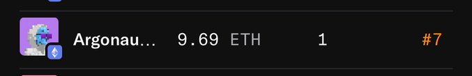 A dark marketplace listing showing an avatar thumbnail labeled 'Argonau...' with a price of 9.69 ETH, quantity 1, and the rank '#7'.