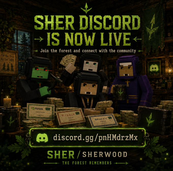 A Minecraft-themed promotional graphic announcing 'SHER DISCORD IS NOW LIVE' with a Discord invite link (discord.gg/pnHMdrzMx) and references to NVIDIA, Tesla, and SpaceX.