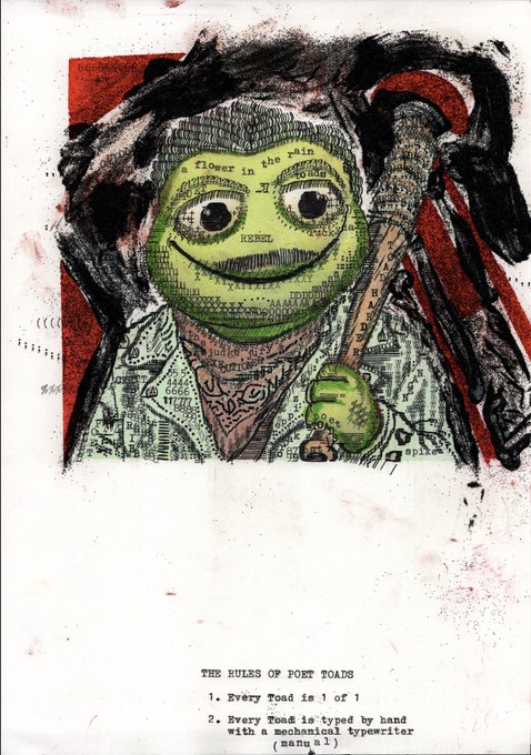 Mixed media artwork titled "THE RULES OF POET TOADS" features a green frog face emerging from collaged newspaper, with typewritten text below listing rules like "Every Toad is 1 of 1".