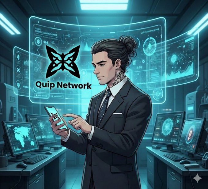 An anime-style illustration of a tattooed businessman in a suit using a smartphone in a futuristic tech control room, with a 'Quip Network' butterfly logo displayed on holographic screens.