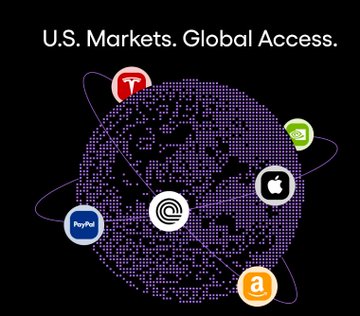 An advertisement graphic with the text 'U.S. Markets. Global Access.' showing a purple dotted globe surrounded by app icons including Temu, shopping, PayPal, and Amazon.