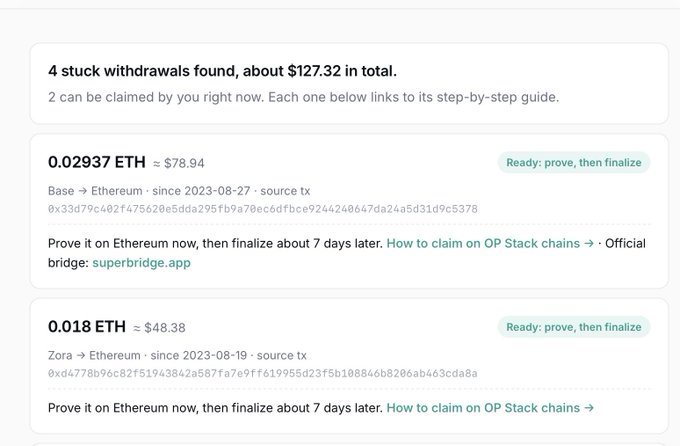 A screenshot of a webpage showing '4 stuck withdrawals found, about $127.32 in total', including a 0.02937 ETH withdrawal and a 0.018 ETH withdrawal ready to be claimed.
