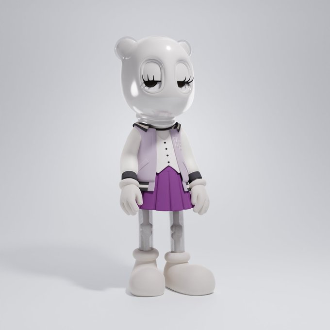 A white glossy bear-like figure with a vinyl toy aesthetic wears a purple and white varsity jacket with the 'KK' logo and a purple pleated skirt.