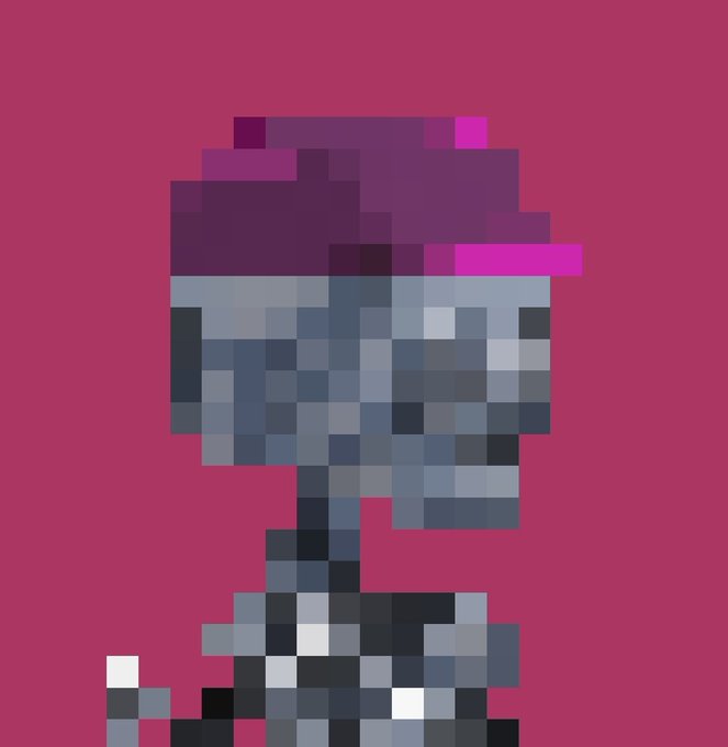 A pixel art character with a dark purple/pink hat or hair and grey/blue body clothing against a pinkish-red background.