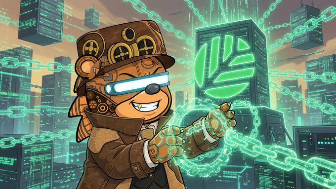 An illustration of a steampunk-style otter or beaver character wearing goggles and a top hat, standing before a cyberpunk cityscape with green digital chains and a stylized 'S' logo.