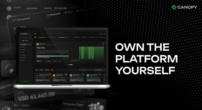 The image showcases the Canopy (CNPY) platform interface on a laptop, featuring a "Swap Chain" dashboard, staking rankings, and trading volumes, with the bold tagline "OWN THE PLATFORM YOURSELF" reinforcing the post's emphasis on long-term community-driven building and sustainable network engagement over short-term performance metrics.