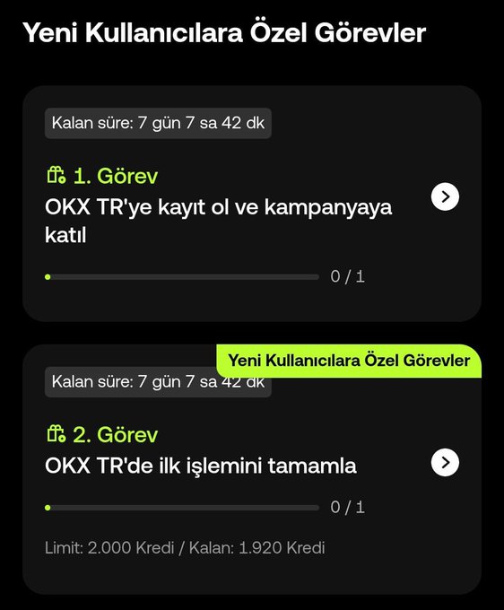 A screenshot from OKX TR's "Yeni Kullanıcılara Özel Görevler" (Special Tasks for New Users) section showing two missions: Task 1 invites users to register with OKX TR and join the campaign (0/1 completed), and Task 2 requires completing a first transaction on OKX TR (0/1 completed), with both offering 2,000 Kredi rewards and 7 days, 7 hours, 42 minutes remaining. A green tooltip repeats the page title, highlighting the new user task section that aligns with the post's promotion of OKX Turkey's beginner campaign offering 20% trading incentives.