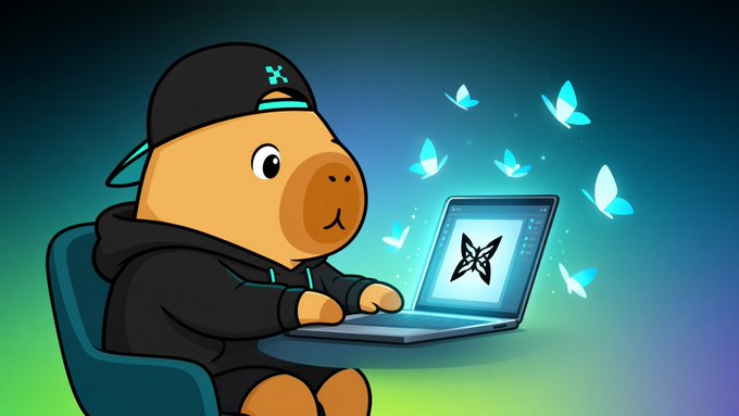 A cartoon capybara wearing a black cap and hoodie sits at a laptop displaying a butterfly logo, with glowing blue butterflies fluttering from the screen against a dark gradient background, visually representing the decentralized, useful-work focus of the Quip Network testnet described in the post.