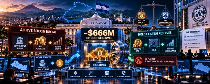 An infographic-style image showing El Salvador's Bitcoin policies with '~$666M BITCOIN RESERVES', 'ACTIVE BITCOIN BUYING' funded by government funds and other sources, and 'HOLD EXISTING RESERVES' under status holding.